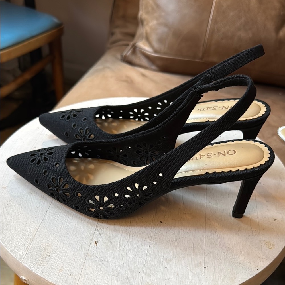 SOLD! Summery Canvas Black Heels with Slingback Flower Eyelets Design NEW